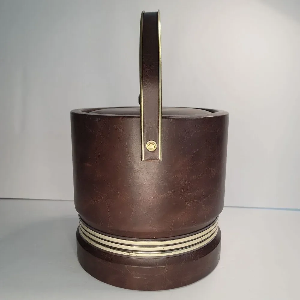 Vintage MCM Brown Vinyl Ice Bucket High Rise Brass Handle Retro Barware 8 In